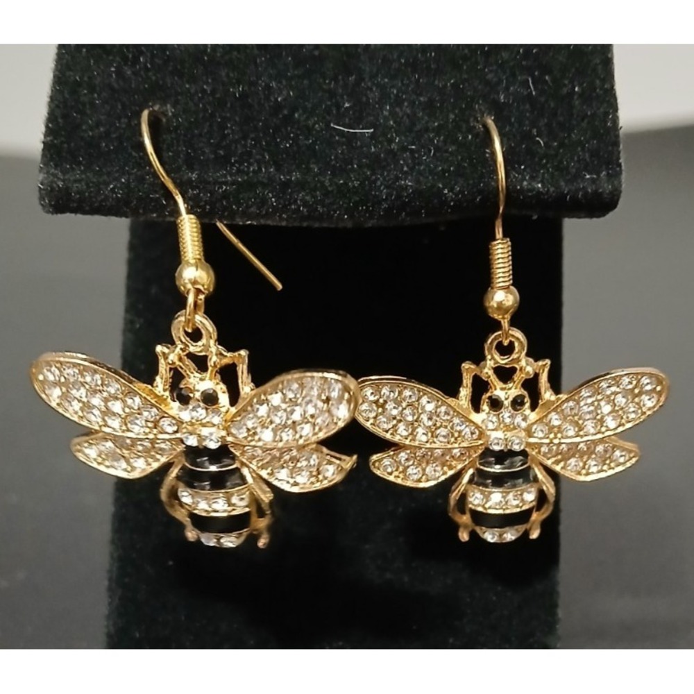 Enamel Rhinestone Bee Pierced Earrings Gold tone Dangle